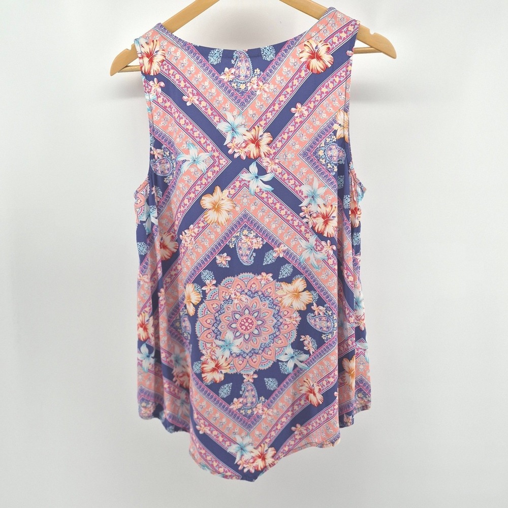 J. Jill Rayon Tank Top M Medium Purple Coral Mandala Floral Boho Lace Up Summer - Picture 9 of 12